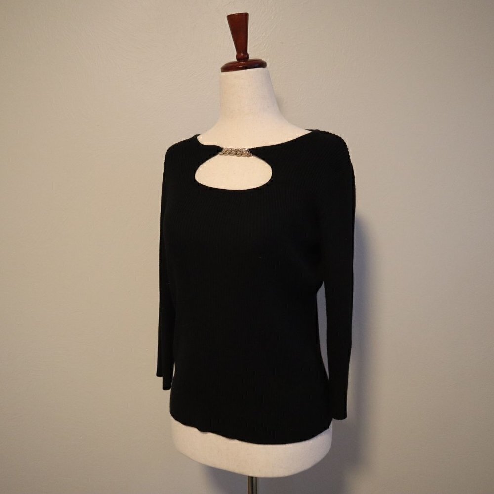 Tahari Black Soft Long Sleeve Blouse Cutout Gold Metal